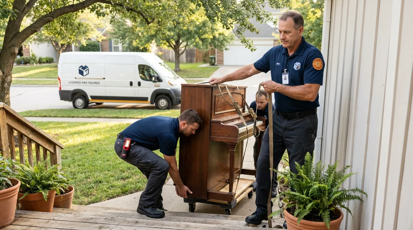 Licensed piano movers securing grand piano in Sharon, MA