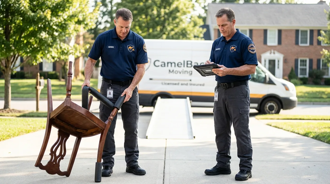 Movers inspecting furniture for damage prevention before loading in Sharon, MA